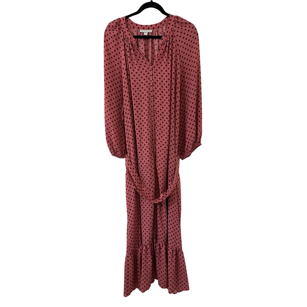 Ryegrass Pink Polka Dot Maxi Dress Womens 2X Balloon Sleeve Tiered Ruffle Belted